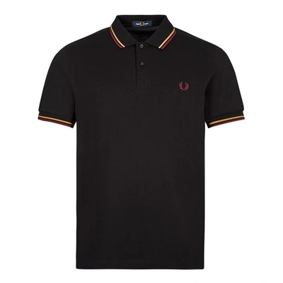 Fred Perry Twin Tipped Polo Shirt In Black/ Gold/ Burgundy In Black