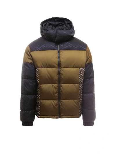 Versace Mens Khaki Black Brand-pattern Shell-down Hooded Puffer Jacket 40