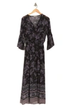 Lovestitch Boho Floral 3/4 Sleeve Smocked Maxi Dress In Black/ Stone