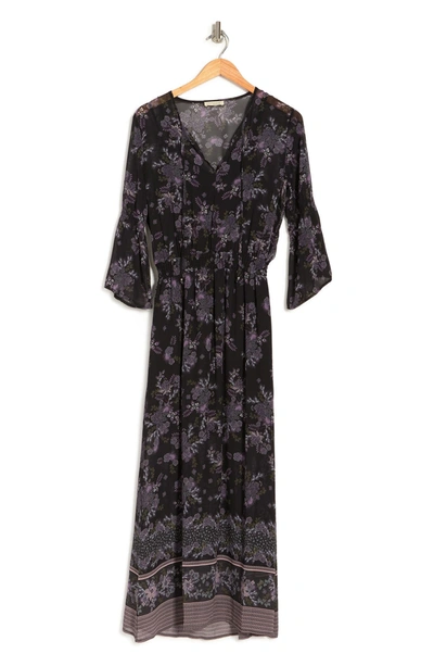 Lovestitch Boho Floral 3/4 Sleeve Smocked Maxi Dress In Black/ Stone