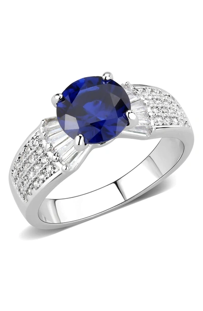 Covet Round Blue Cz Pave Engagement Ring In Rhodium