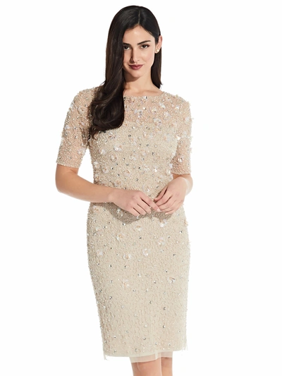 Adrianna Papell Elbow Sleeve Floral Cocktail Dress In Tan/beige