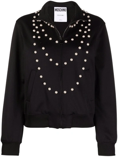 Moschino Pearl-embellished Zip-up Jacket In Schwarz