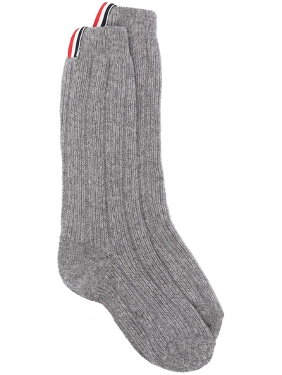 Thom Browne Lambs Wool-cashmere Blend Ribbed Mid-calf Socks In Grey