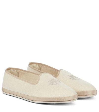 Loro Piana Venice Embroidered Cashmere-blend Flannel Slippers In Natural Color Mixing