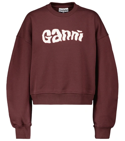 Ganni Logo-print Balloon-sleeved Sweatshirt In Merlot