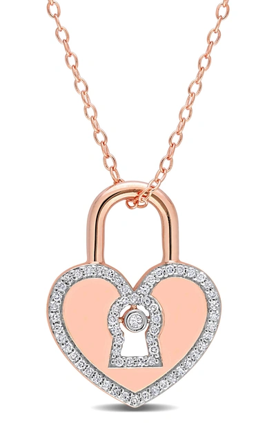 Delmar Sterling Silver Diamond Heart Lock Pendant In Rose