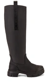 Ganni Grosgrain-trimmed Rubber Knee Boots In Black