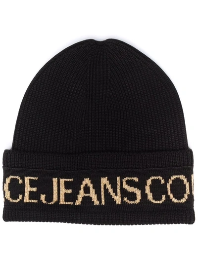 Versace Jeans Couture Logo印花罗纹针织套头帽 In Black 1