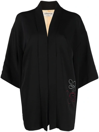 Pre-owned A.n.g.e.l.o. Vintage Cult 1970s Floral-embroidered Silk Kimono Jacket In Black