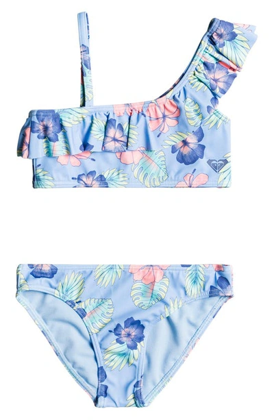 Roxy Kids' Good Emotions Print One-shoulder Two-piece Swimsuit In Placid Blue Happy Hibiscus