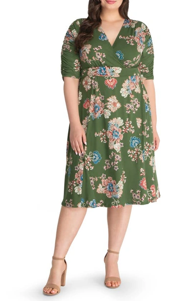 Kiyonna Gabriella Print Jersey A-line Dress In Olive Floral Print