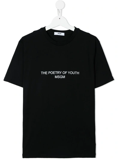 Msgm Teen Slogan-print Logo T-shirt In Black