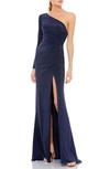 Mac Duggal Stretch Jersey One Sleeve Gathered Waist Gown In Navy