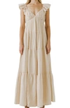 Free The Roses Sweetheart Neck Cotton Gauze Tiered Maxi Dress In Beige