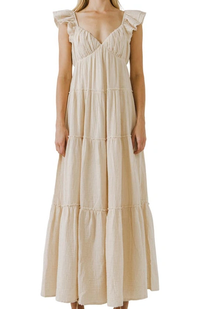 Free The Roses Sweetheart Neck Cotton Gauze Tiered Maxi Dress In Beige