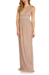 ADRIANNA PAPELL PLEATED EMBELLISHED WAIST METALLIC MAXI GOWN,AP1E208878