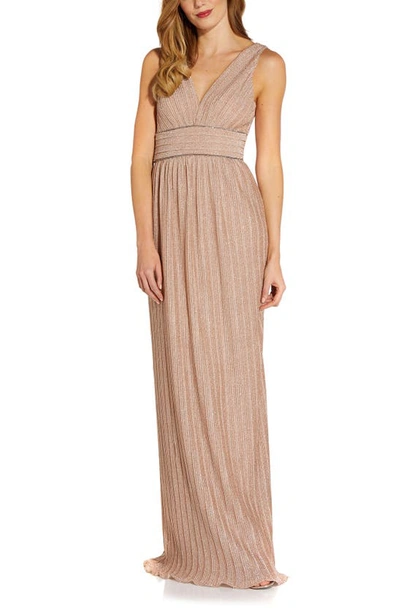 Adrianna Papell Pleated Embellished Waist Metallic Maxi Gown In Rose