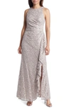 Alex Evenings Sequin Lace Cascading Ruffle Gown In Buff