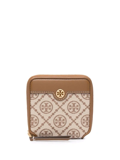 Tory Burch Jacquard-logo All Around-zip Wallet In Nude