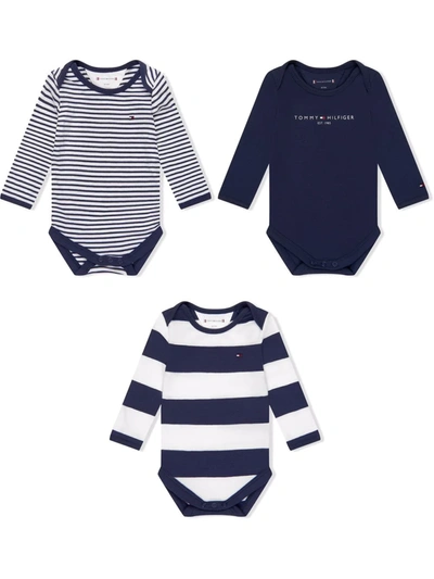 Tommy Hilfiger Junior Babies' Striped Long-sleeved Romper Set Of 3 In 蓝色