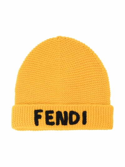 Fendi Kids' Logo-embroidered Beanie Hat In Yellow