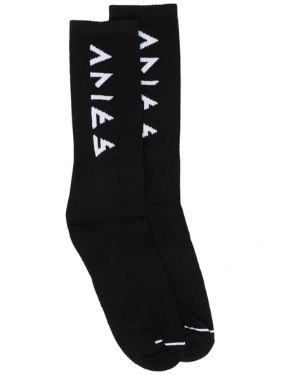 Aries Intarsia-logo Knitted Socks In Black