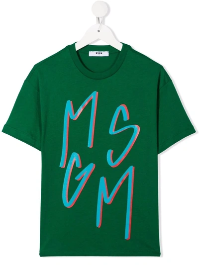 Msgm Kids' Logo-print Cotton T-shirt In Green