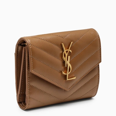 Saint Laurent Brown Monogram Tri-fold Wallet In Beige
