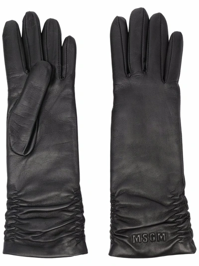 Msgm Ruched Leather Gloves In Black