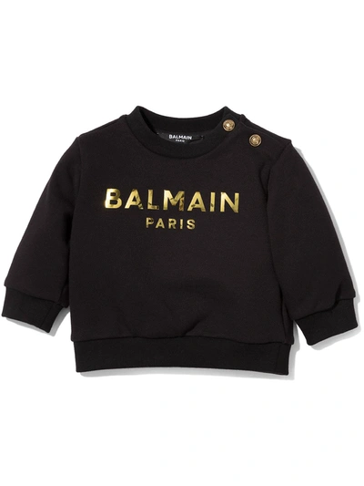 Balmain Babies' 金属感logo圆领卫衣 In Black