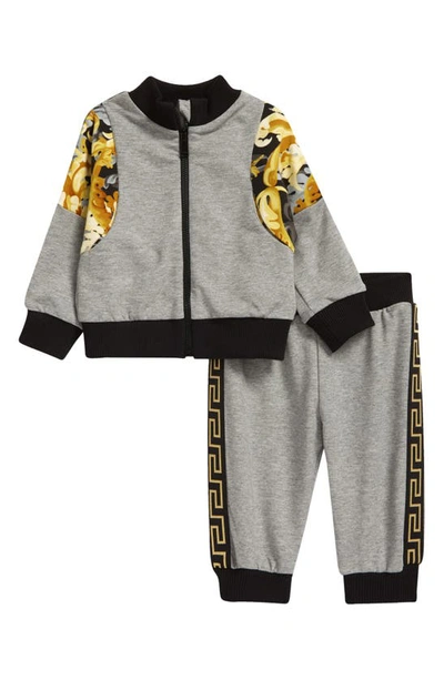 Versace Babies' Barocco Stretch Cotton Track Jacket & Joggers Set In Gray+print