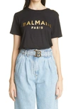 Balmain Button-embellished Printed Cotton-jersey T-shirt In Black/ Gold