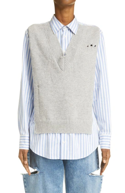 Maison Margiela Hybrid Wool Sweater Vest & Cotton Poplin Button-up Shirt In Stripe White And Sky