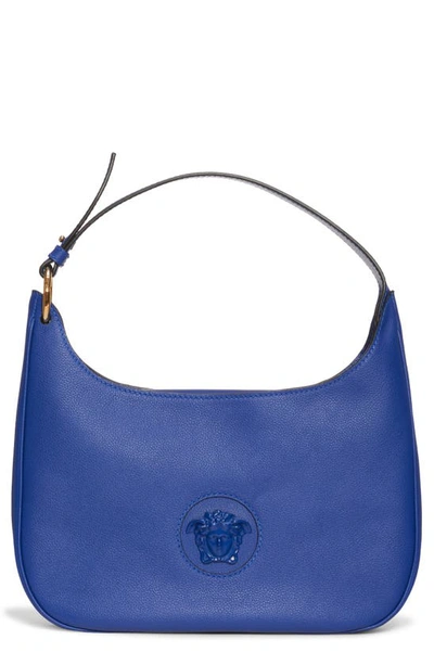 Versace Medium La Medusa Leather Hobo In Lapis-lapis- Gold