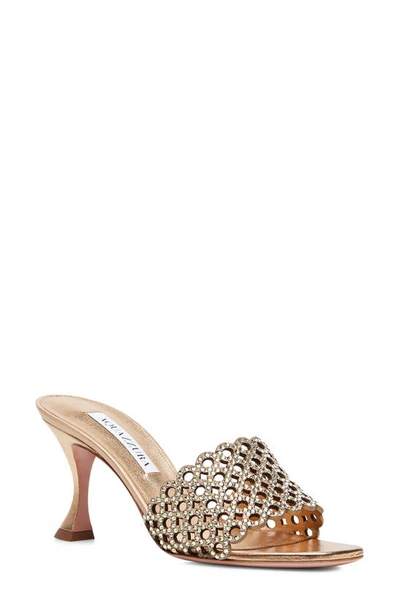 Aquazzura Candy 75 Crystal-embellished Metallic Leather Mules In Softgold