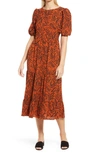 Eliza J Leaf Print Tiered Ruffle Midi Dress In Animal