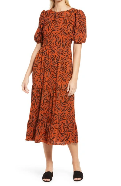Eliza J Leaf Print Tiered Ruffle Midi Dress In Animal