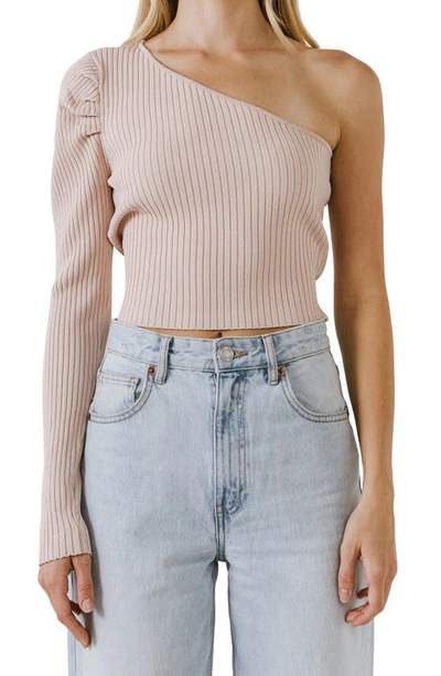 Endless Rose One-shoulder Rib-knit Crop Top In Dusty Pink
