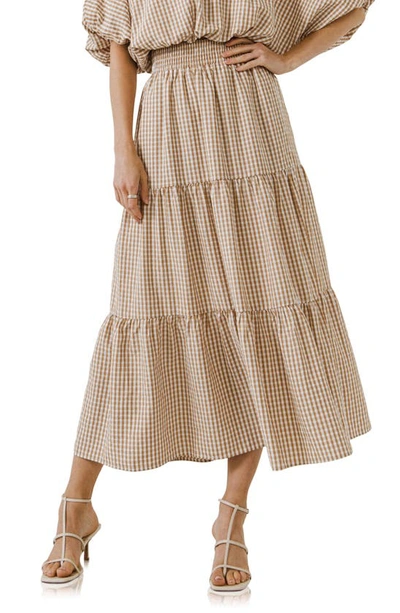 English Factory Tiered Gingham Maxi Skirt In Brown