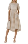 English Factory Plaid Tiered Ruffle Cotton Blend Dress In Cream
