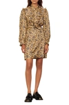 Sandro Harmonie Printed Silk Ruffle Dress In Gold / Blue