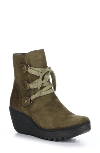 Fly London Yesi Platform Wedge Bootie In 003 Olive Suede
