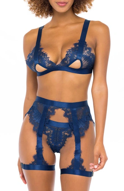 Oh La La Cheri Open Cup Bralette, High Waist Panties & Suspenders Set In Estate Blue