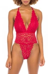 Oh La La Cheri Women's High Leg Galloon Lace Teddy With Multi-strap Back Detail In Red