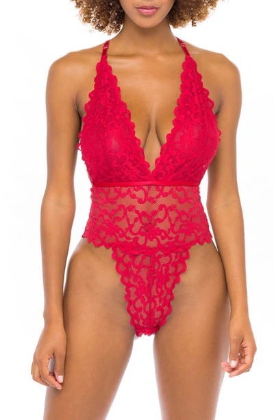 Oh La La Cheri Women's High Leg Galloon Lace Teddy With Multi-strap Back Detail In Red