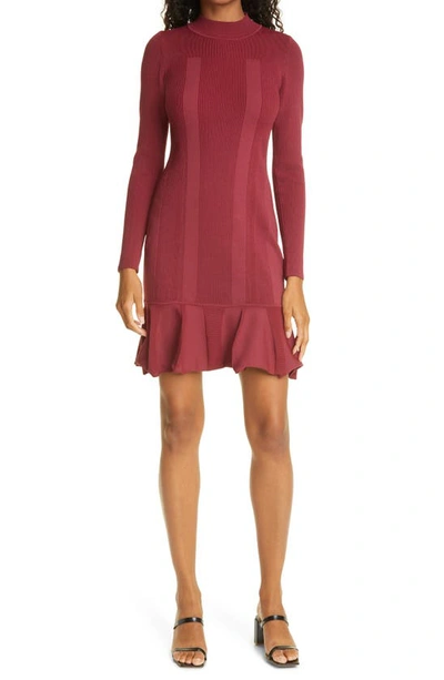 Nicole Miller Rib-knit Long-sleeve Flounce Dress In Wine