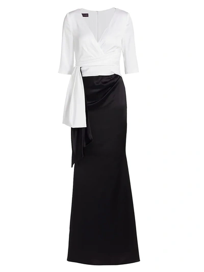 Talbot Runhof Women's Satin Crepe Bi-color 3/4 Sleeve Gown In Black White