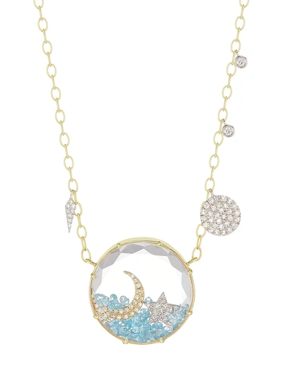 Meira T Women's 14k Yellow Gold, Blue Topaz & Diamond Moon & Star Pendant Necklace