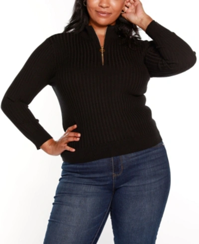 Belldini Black Label Plus Size Ribbed Mock Neck Half Zip Sweater